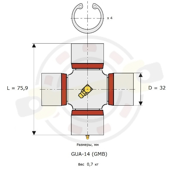 Крестовина 32х75,90 (32х76) мм, внешние стопорные кольца, смазочный ниппель в центре. Артикул GUA-14 (GMB) - детальная фотография